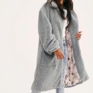 Free People Dusty Blue Teddy Bear Coat Floral Lining, Size M